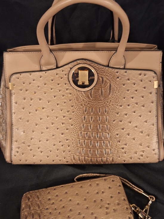 Handbags - Taupe Textured Tote Bag with Matching Wristlet - Women's Fashion Handbag 12 1/2×